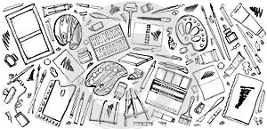 Vector set of hand drawn sketch vector artist materials. Black and white stylized illustration with painting and drawing tools