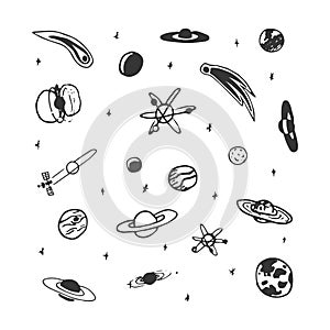 Vector set of hand drawn space object - planet, comet, moon