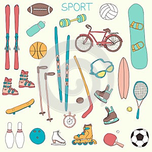 Vector set of hand drawn sport themed doodle illustrations