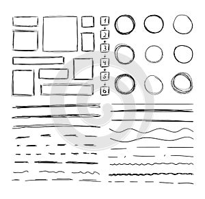 Vector Set of Hand Drawn Square and Circle Frames and Underline Strokes, Scribble Drawings Isolated.