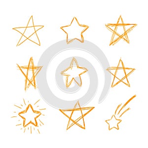 Vector Set of Hand Drawn Stars, Outline Illustration, Icons Collection Isolated on White Background.