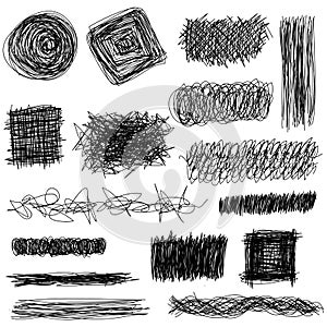 Vector set hand drawn textures, scribbles of pen, hatching.