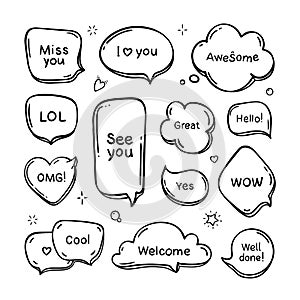 Vector set of hand drawn think and talk speech bubbles with message, greetings and dialog.