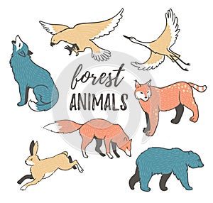 Vector set of hand drawn wild forest animals in hipster style. Collection of cartoon animals on the white background.