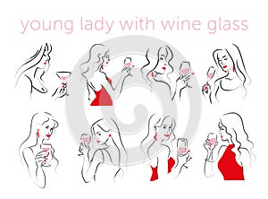 Vector set of hand drawn young beautiful lady portraits holding wine glass isolated on white background.