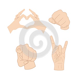 Vector Set of Hand Gesturing, Sign Language Isolated Collection, Love Heart Symbol, Fist, Rock and Pointing Finger.
