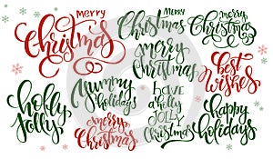 Vector set of hand lettering christmas quotes - merry christmas, holly jolly and others, written in various styles