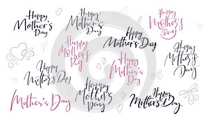 Vector set of hand lettering happy mother`s day phrases with doodle flowers and hearts