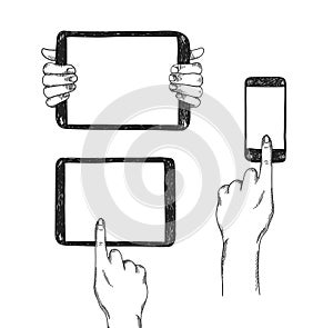 Vector set of handdrawn devices with hands. Mock up illustrations. Tablet pc and phone touching