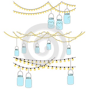 Vector Set of Hanging Glass Jar Lights