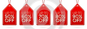 Vector set of hanging red sale tags with different percent numbers, isolated on white background.