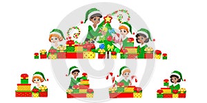 Vector set of happy Christmas elf with gifts
