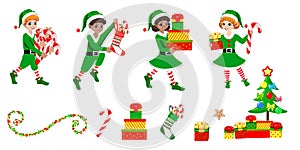 Vector set of happy Christmas elf with gifts