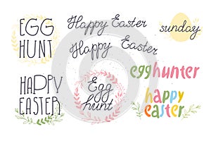 Vector set of Happy Easter egg hunt congratulation isolated on white background.