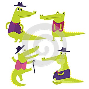 Vector set with happy fun crocodiles. Cartoon smiling alligators