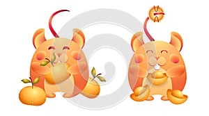 Collection mouse on a white isolated background. Vector set of happy gold rat, symbol Chinese New Year 2020, with ingot