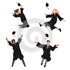 Vector set with happy graduate students in graduation clothing. Grads, jumping and throwing the mortarboards high into