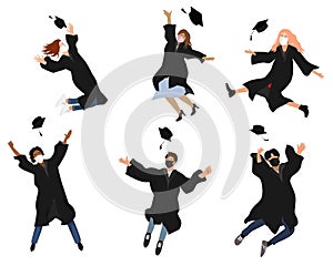 Vector set with happy graduate students in graduation clothing. Grads, jumping and throwing the mortarboards high into