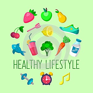 Vector set of Healthy lifestyle icons in trendy flat style.
