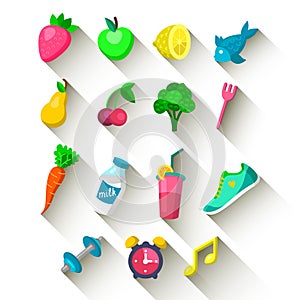 Vector set of Healthy lifestyle icons in trendy flat style with long shadow effect.