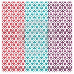 Vector set Heart shape vector seamless patterns. Romantic Pink blue
