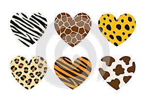 Vector set of hearts with animal fur prints