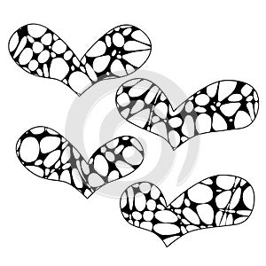 Vector set of hearts in zen doodle style.