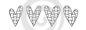 Vector set of hearts in zen doodle style.