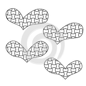 Vector set of hearts in zen doodle style.