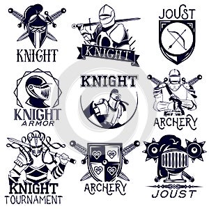 Vector set of heraldic knight labels in vintage style.