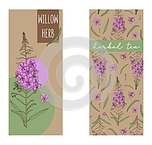 Vector set of herbal tea labels with willow herb. Packaging template. Healthy natural product, herbal tea.