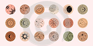 Vector set of highlights with moon, sun, clouds, stars and constellations. Mystical magic elements, spiritual occultism