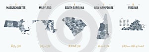 Vector set 2 of 10 Highly detailed silhouettes of US state maps, divided into counties with names and territory nicknames photo