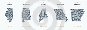 Vector set 5 of 10 Highly detailed silhouettes of US state maps, divided into counties with names and territory nicknames photo