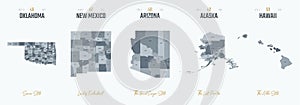 Vector set 10 of 10 Highly detailed silhouettes of US state maps, divided into counties with names and territory nicknames photo