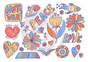 Vector set in hippie style with the inscription Not war, Make love, Peace, Love, hippie flowers