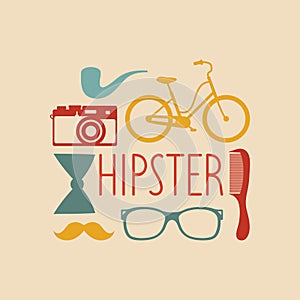 Vector set of hipster elements in flat style. Vintage collection with camera, comb, bow etc. and text Hipster.