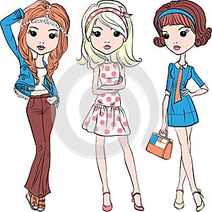 Vector set hipster fashion cute girl