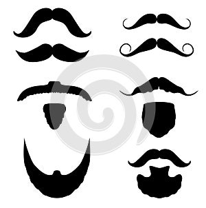 Vector set of hipster mustache. Mustache icons. fashion dandy hipster beard, barber shop signs. Black old style curly