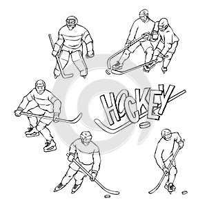 Vector set hockey player and goalkeeper in sports uniform. Black white outline illustration and inscription letters