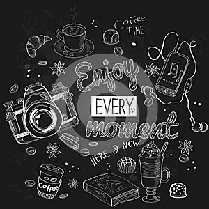 Vector set for the holiday. Camera, croissant, player, coffee, cakes.