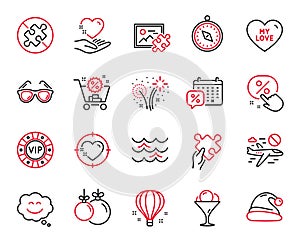 Vector Set of Holidays icons related to Discounts calendar, No puzzle and Discount button. Vector