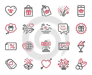 Vector Set of Holidays icons related to Smartphone buying, Holidays shopping and Love ticket. Vector