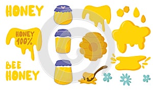 Vector set of honey jars, wooden spoon, beehive, drops, bee lettering, drips, drops, dies for text. Cartoon, flat style