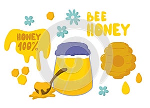 Vector set of honey jars, wooden spoon, beehive, drops, bee lettering, drips, drops, dies for text. Cartoon, flat style