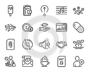 Vector set of Honeymoon cruise, Love letter and Marketing statistics line icons set. Vector