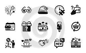 Vector set of Honeymoon cruise, Search puzzle and Christmas calendar icons simple set. Vector