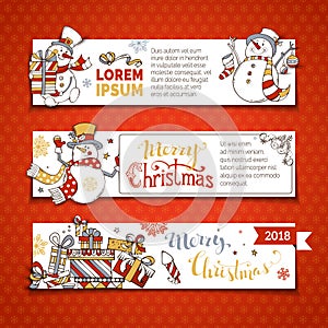 Vector set of horizontal Christmas banners with cute snowmen.