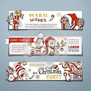 Vector set of horizontal Christmas banners with cute snowmen.