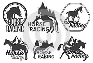 Vector set of horse racing labels in vintage retro style. Design elements, icons, logo, emblems